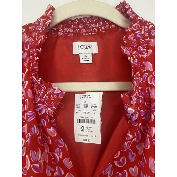 J.Crew Blouse S Keyhole Heart Print Red Pink Long Sleeve Top Valentine’s Day - Picture 6 of 10